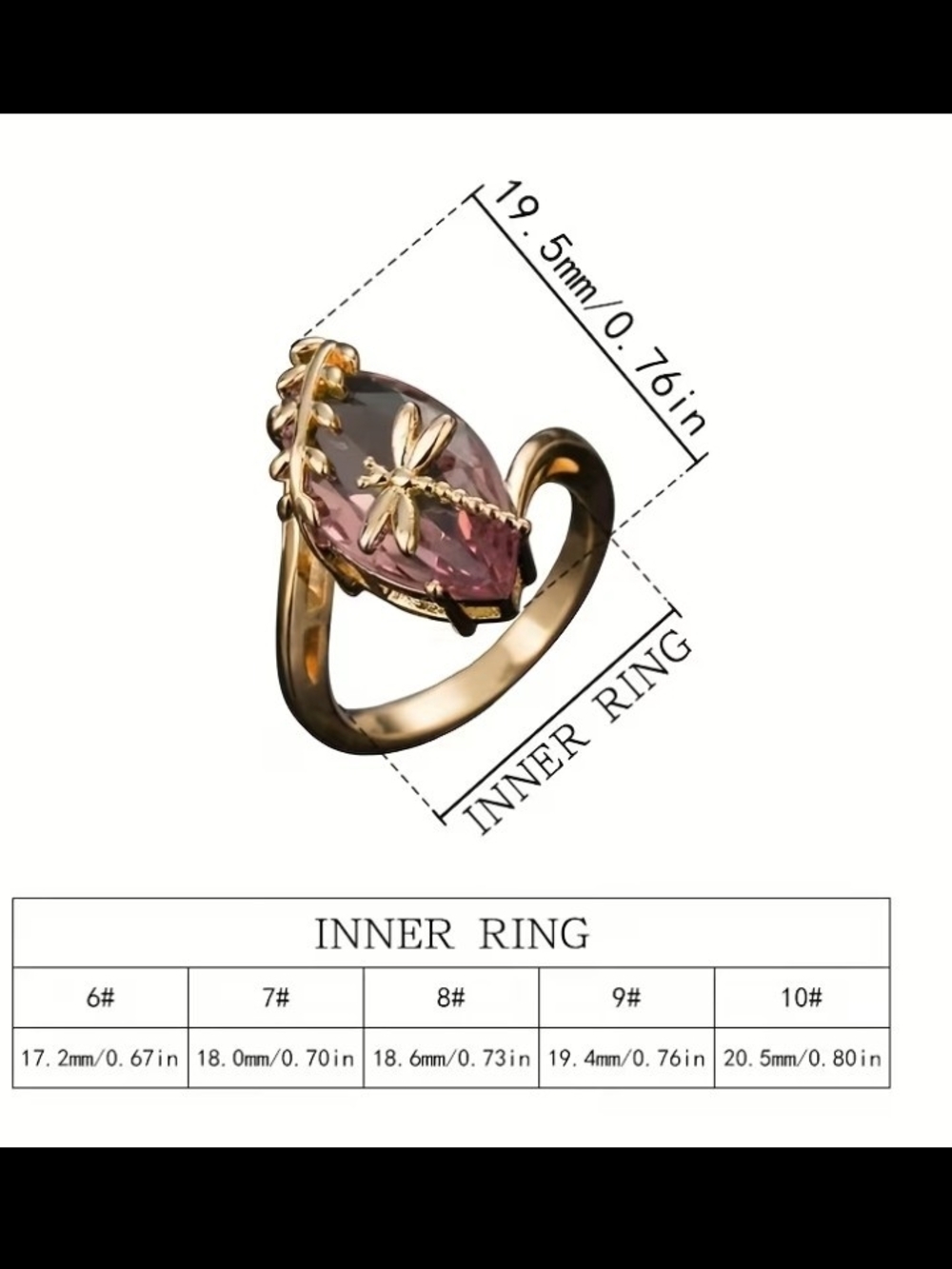 Gold Dragonfly Ring with Pink Marquise Crystal CHUNKY & Bold - Picture 4 of 9